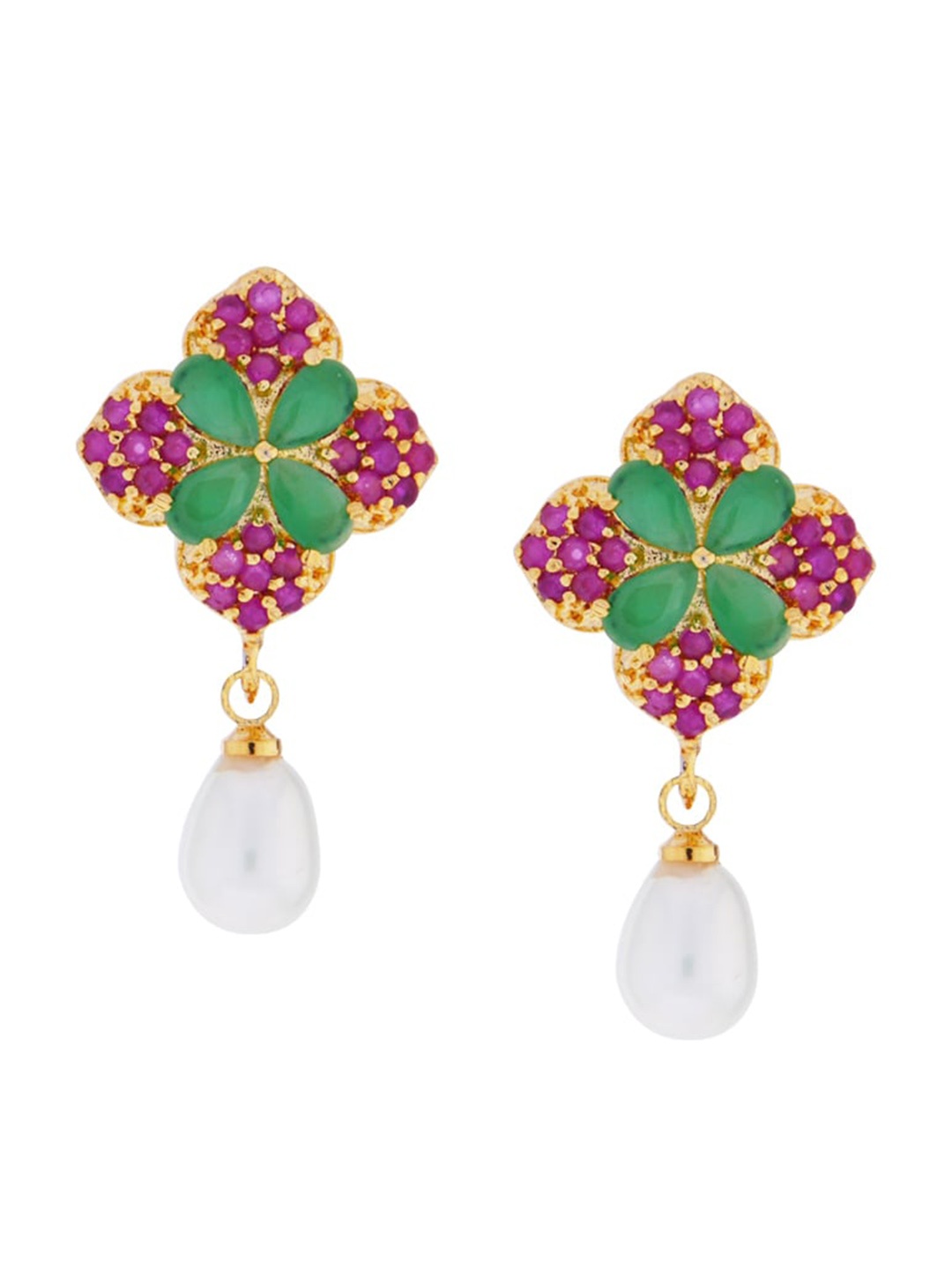 

Sri Jagdamba Pearls Dealer Gold-Plated Contemporary Stone Studded & Beaded Drop Earrings