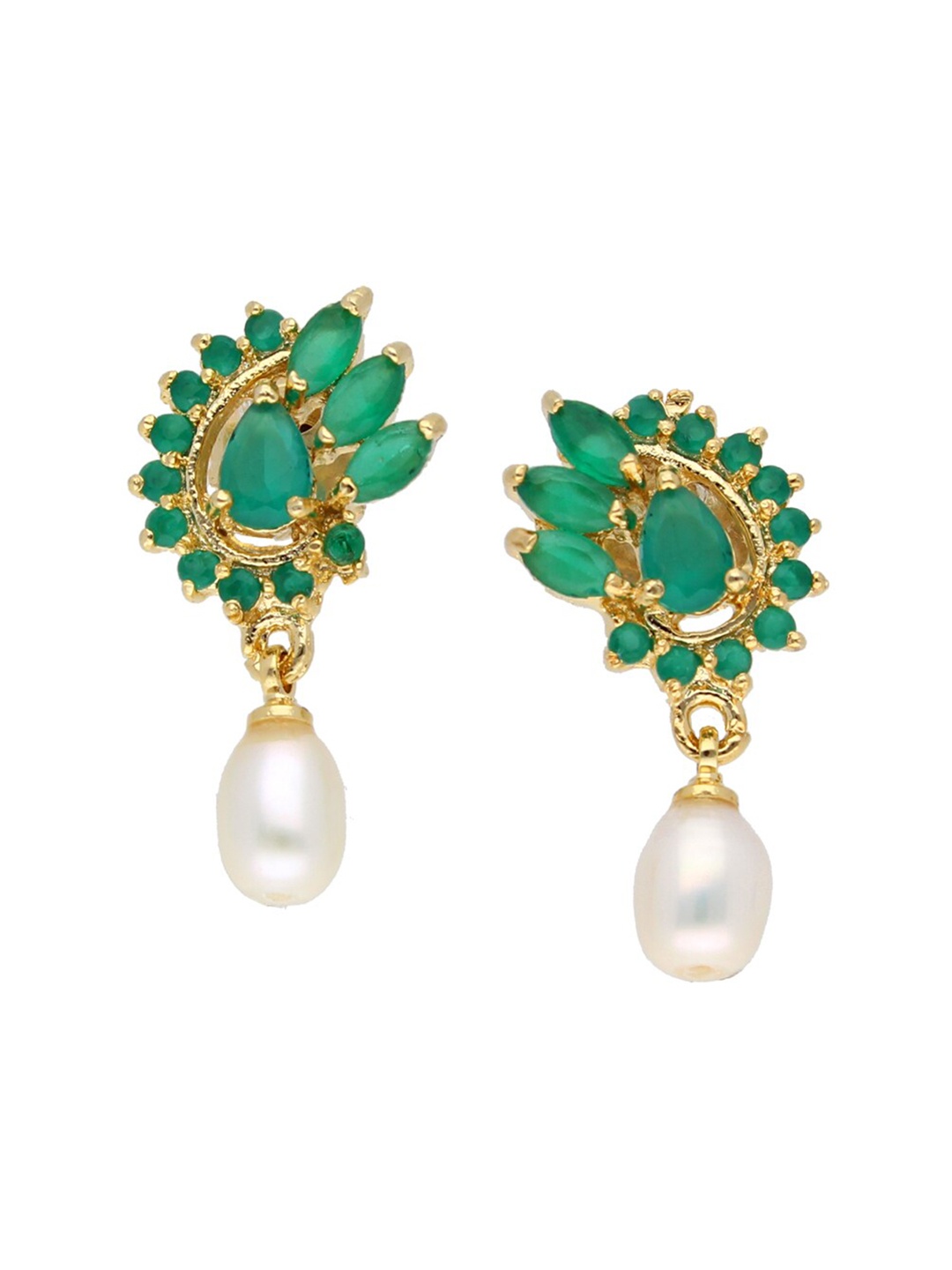 

Sri Jagdamba Pearls Dealer Gold-Plated Contemporary Stone Studded & Beaded Drop Earrings