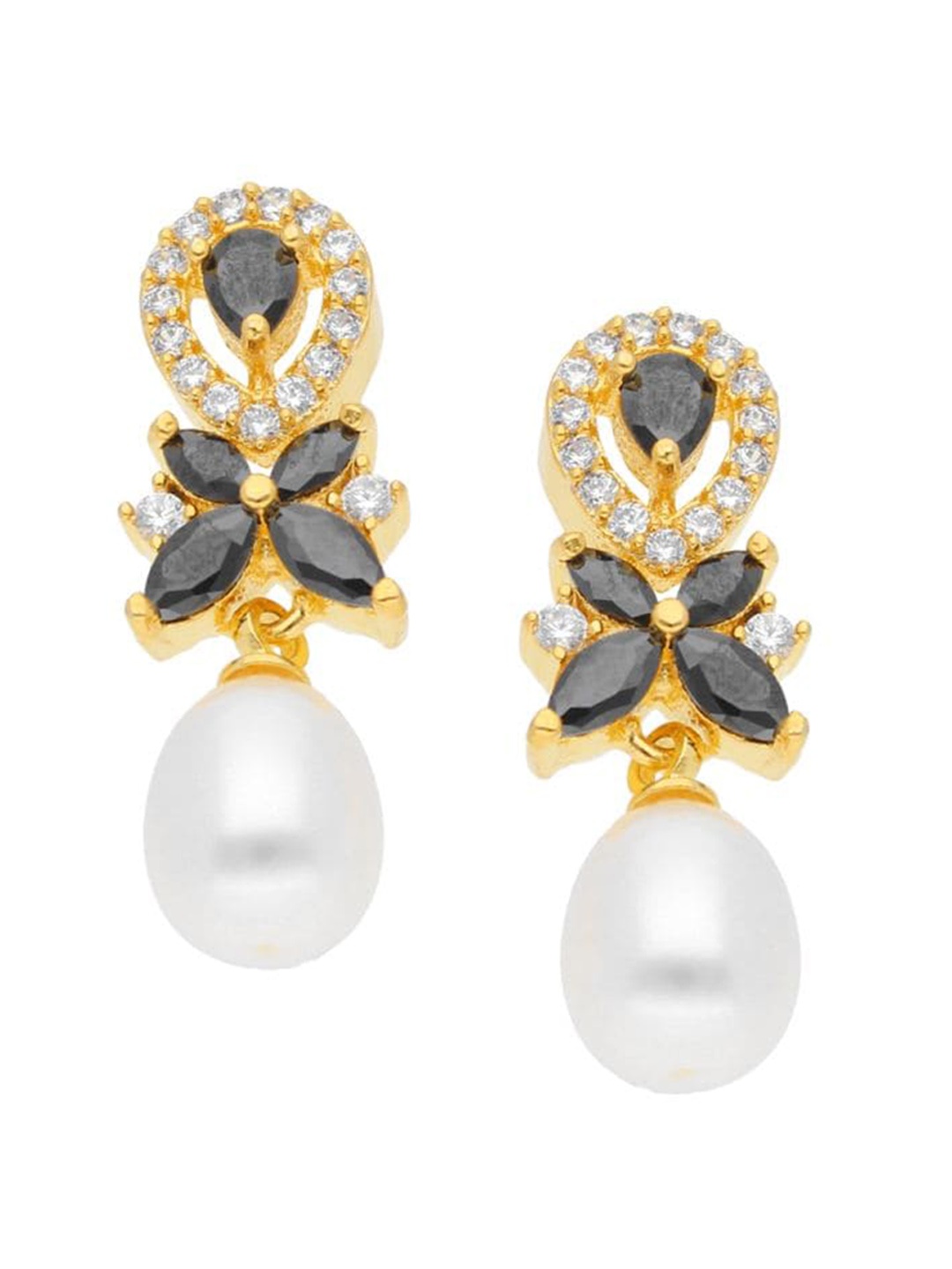 

Sri Jagdamba Pearls Dealer Gold-Plated Contemporary Stone Studded & Beaded Drop Earrings