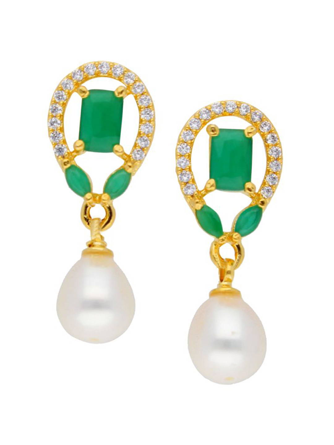 

Sri Jagdamba Pearls Dealer Gold-Plated Contemporary Stone Studded & Beaded Drop Earrings