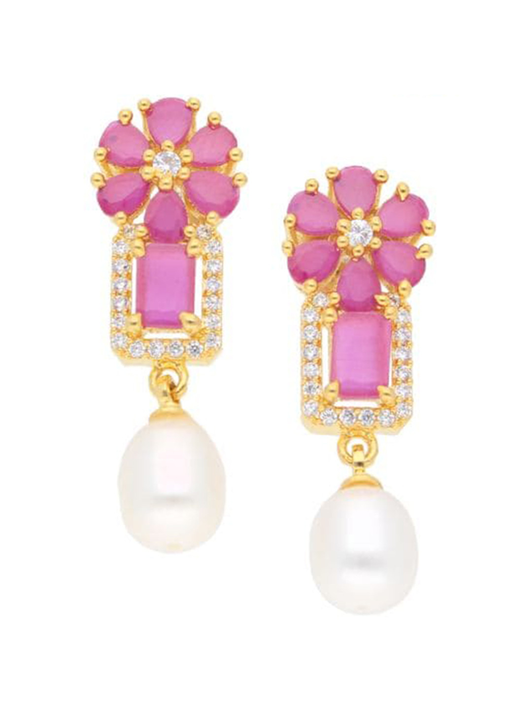 

Sri Jagdamba Pearls Dealer Gold-Plated Floral Stone Studded & Beaded Drop Earrings