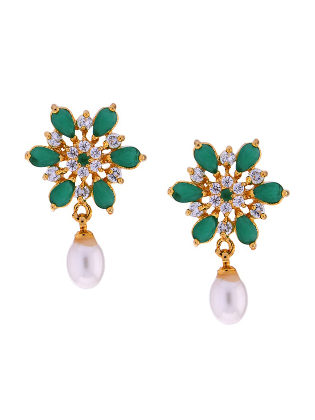 

Sri Jagdamba Pearls Dealer Gold-Plated Floral Stone Studded & Beaded Drop Earrings