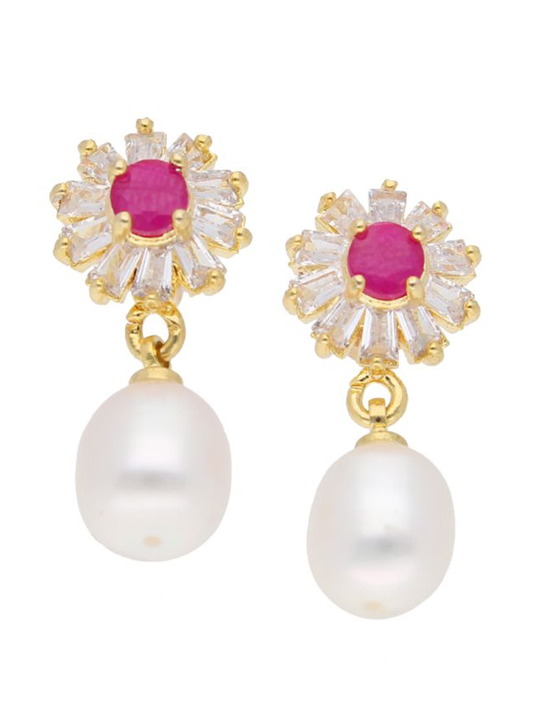 

Sri Jagdamba Pearls Dealer Gold-Plated Floral Stone Studded & Beaded Drop Earrings