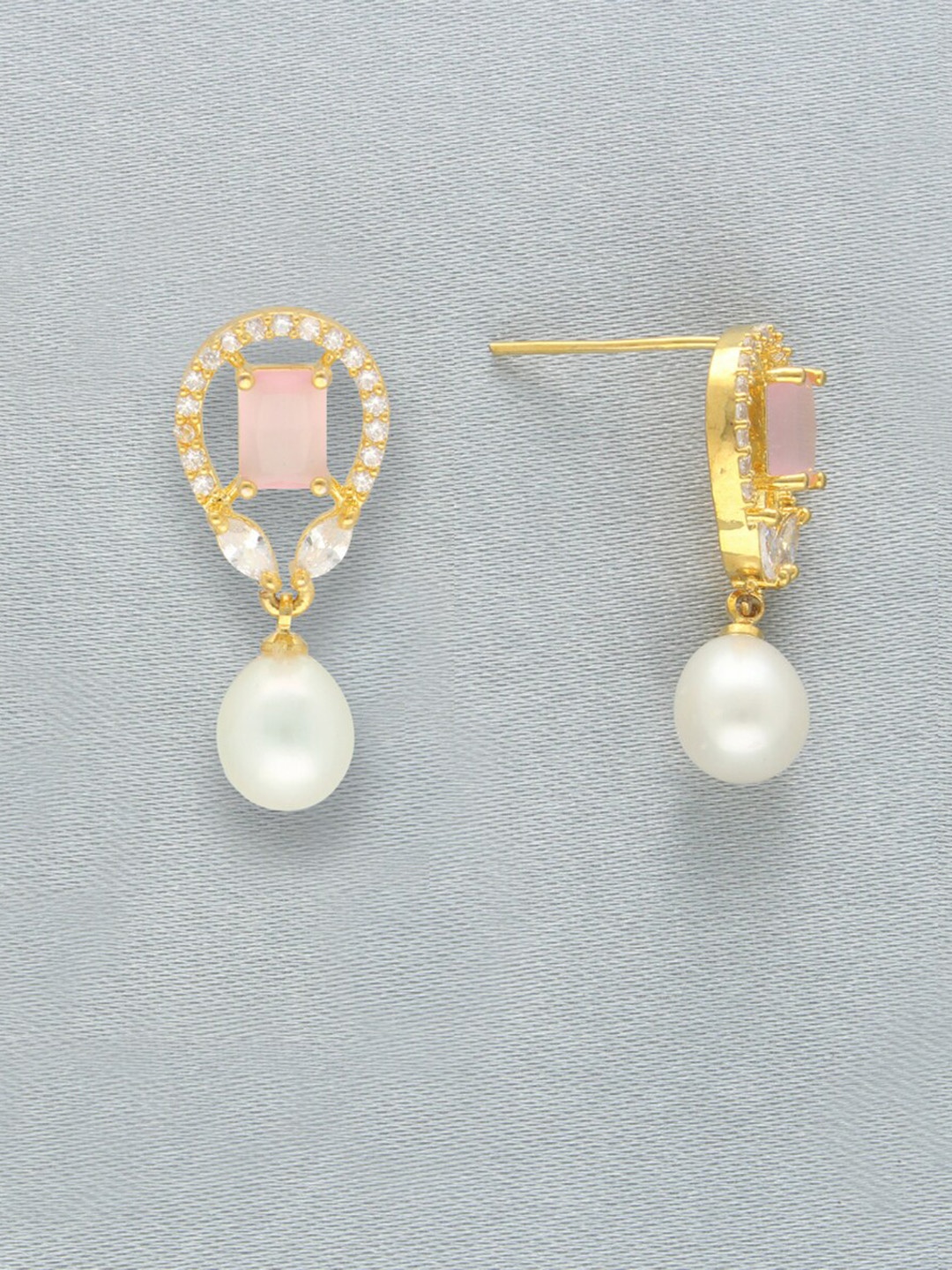 

Sri Jagdamba Pearls Dealer Gold-Plated Contemporary Stone Studded & Beaded Drop Earrings