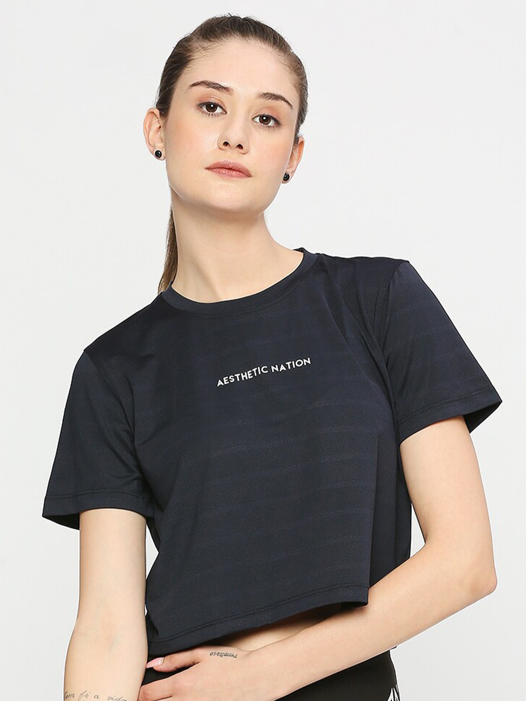 

AESTHETIC NATION Typography Printed Round Neck Crop T-shirt, Navy blue