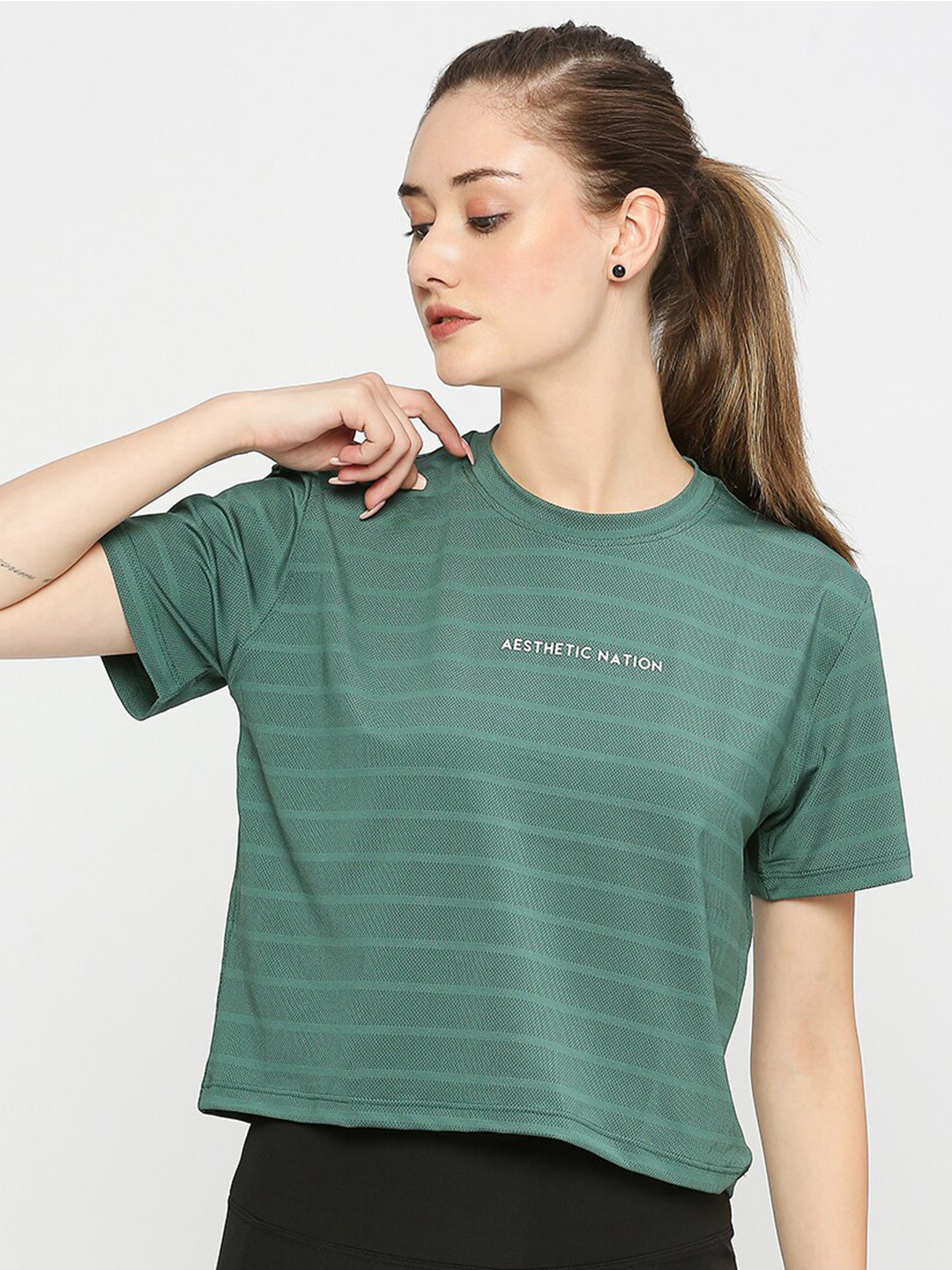 

AESTHETIC NATION Striped Round Neck Crop T-shirt, Green