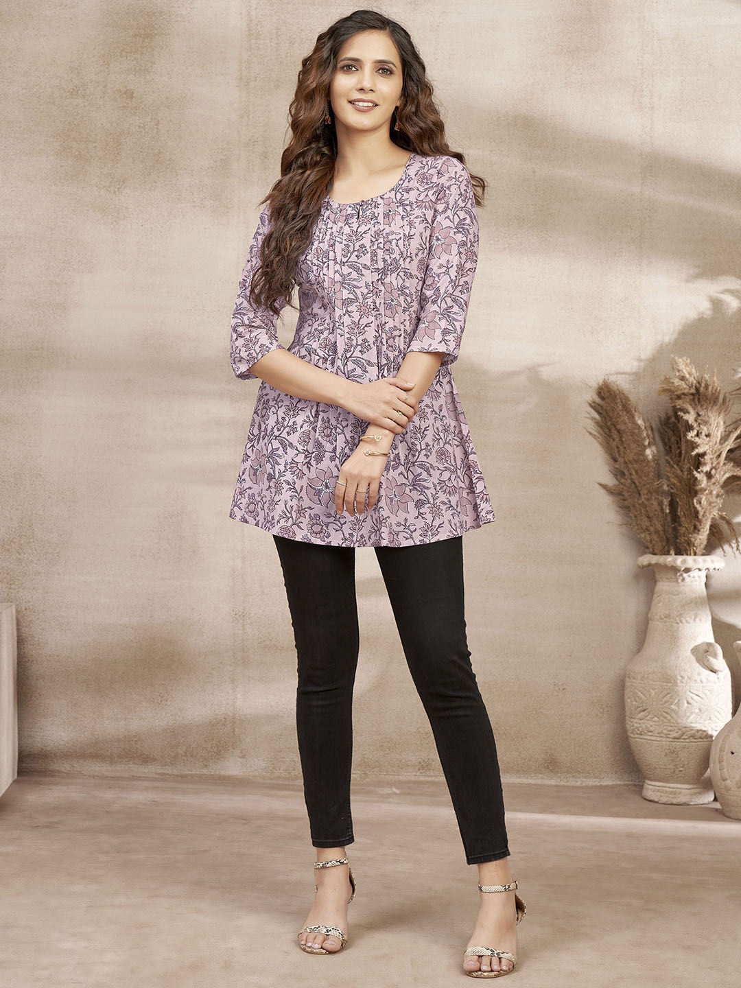 

DRESOUL Floral Printed Gathered Detail Cotton A-Line Top, Purple
