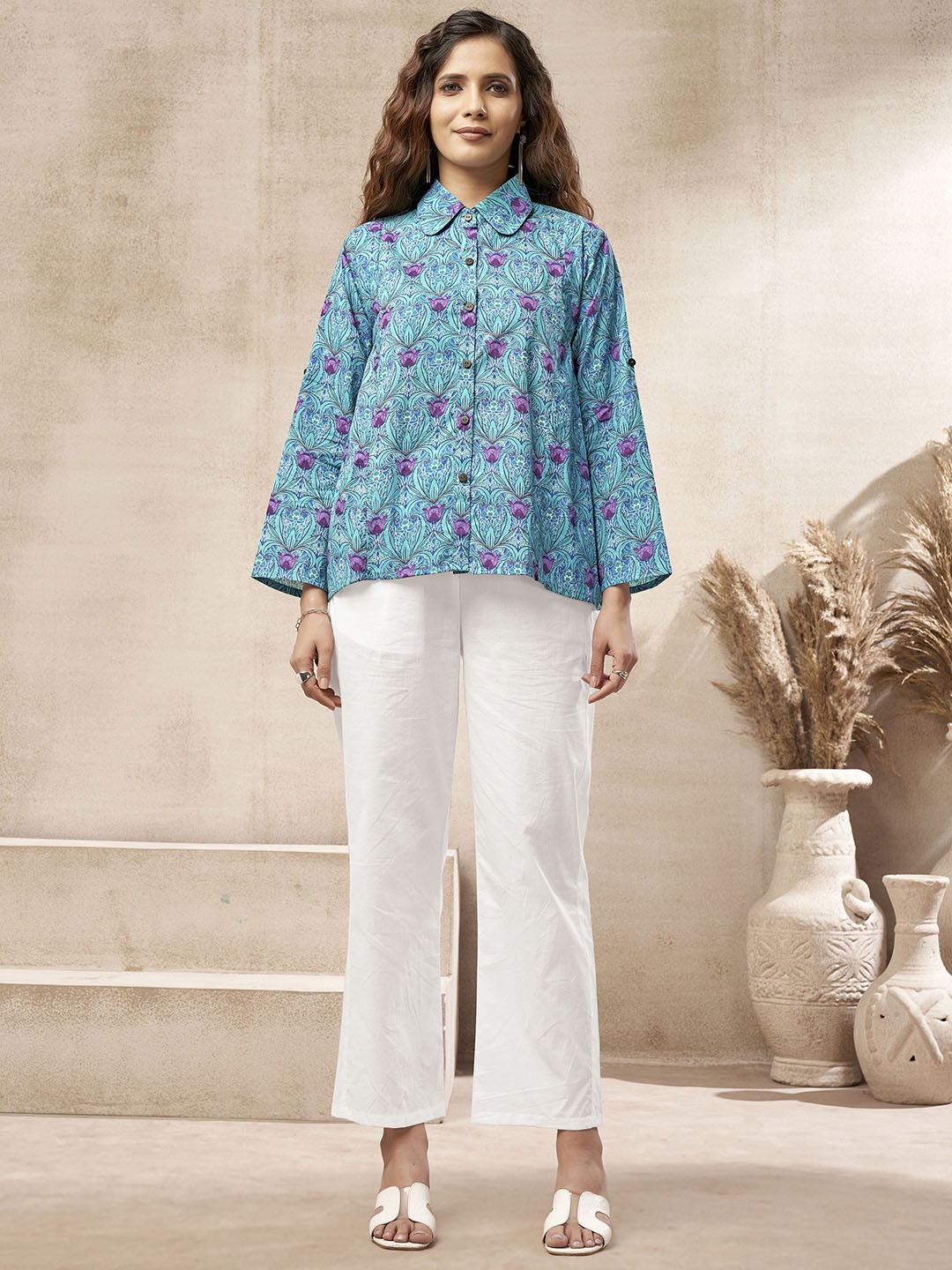 

DRESOUL Floral Printed Cotton Shirt Style Top, Blue