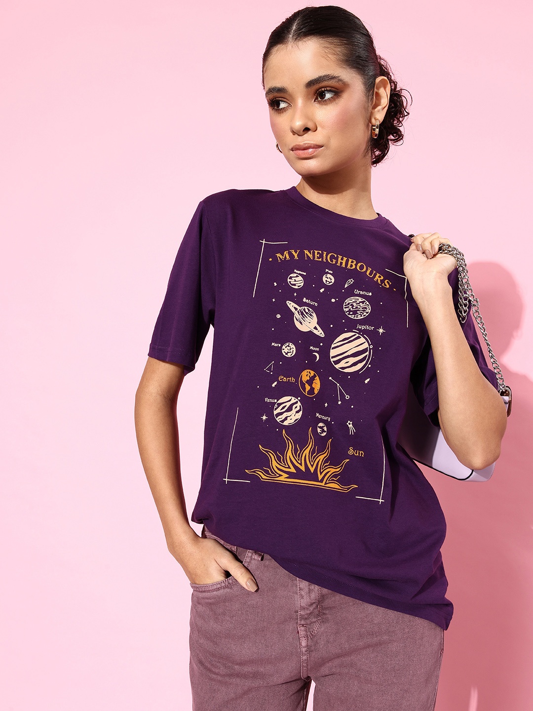

Difference of Opinion Women Printed Pure Cotton T-shirt, Purple