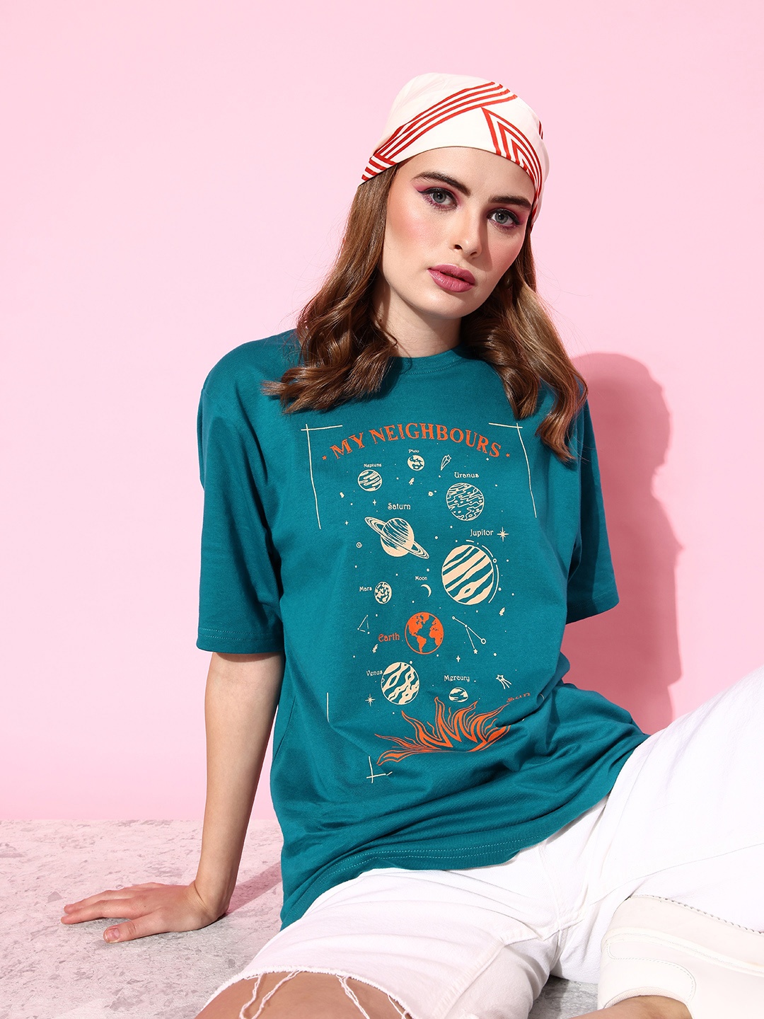 

Difference of Opinion Women Printed Pure Cotton T-shirt, Teal