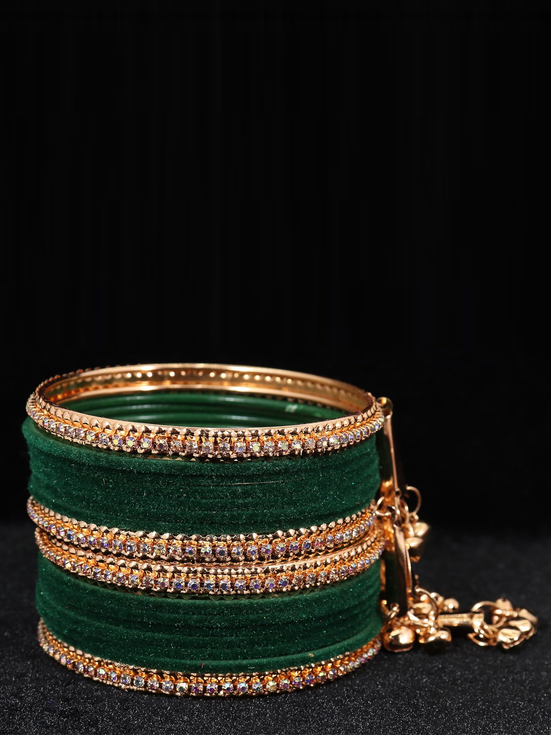 

NMII Set Of 16 Rose Gold-Plated Zircon Gemstone Studded & Velvet Bangles