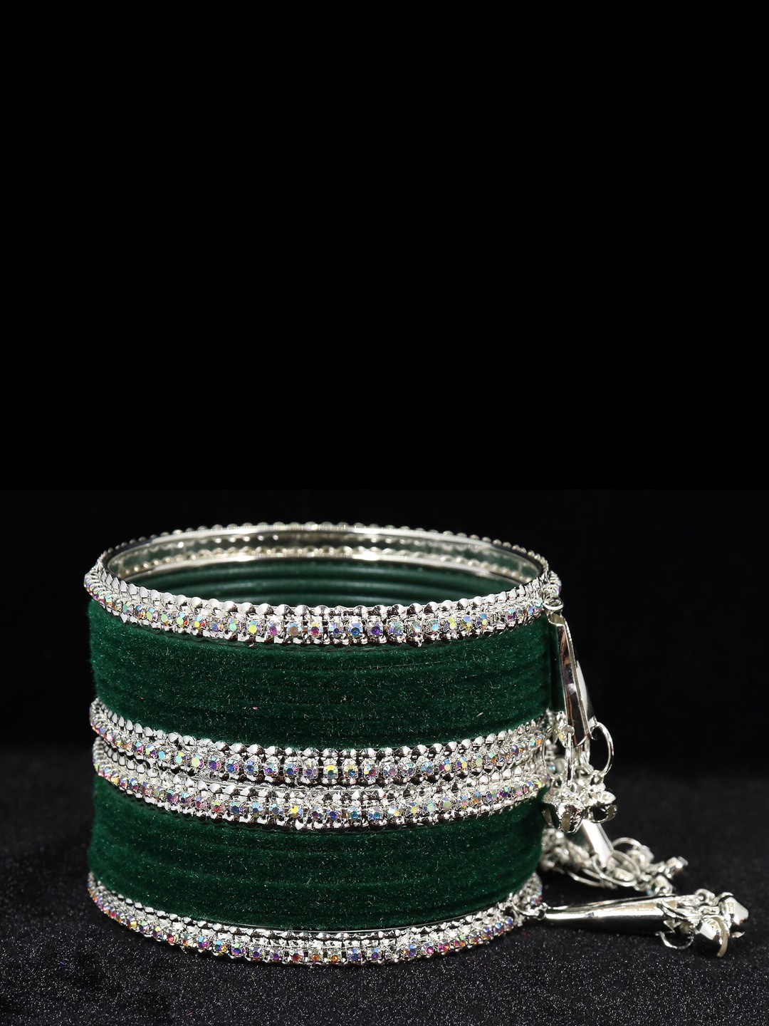

NMII Set Of 16 Zircon Gemstone Studded & Velvet Bangles, Silver