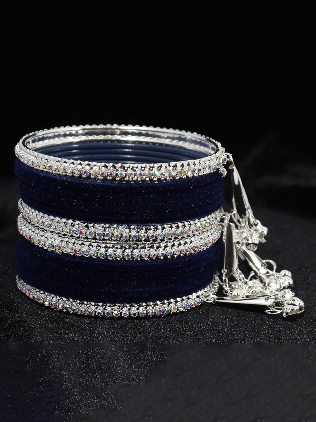 

NMII Set Of 16 Silver-Plated Zircon Gemstone Studded & Velvet Bangles