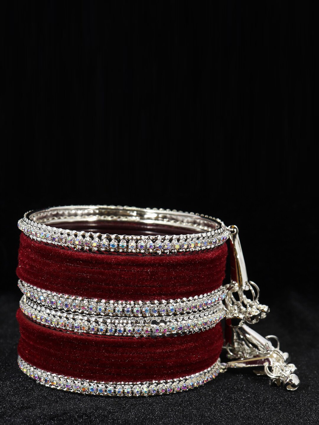 

NMII Set Of 16 Zircon Gemstone Studded & Velvet Bangles, Silver