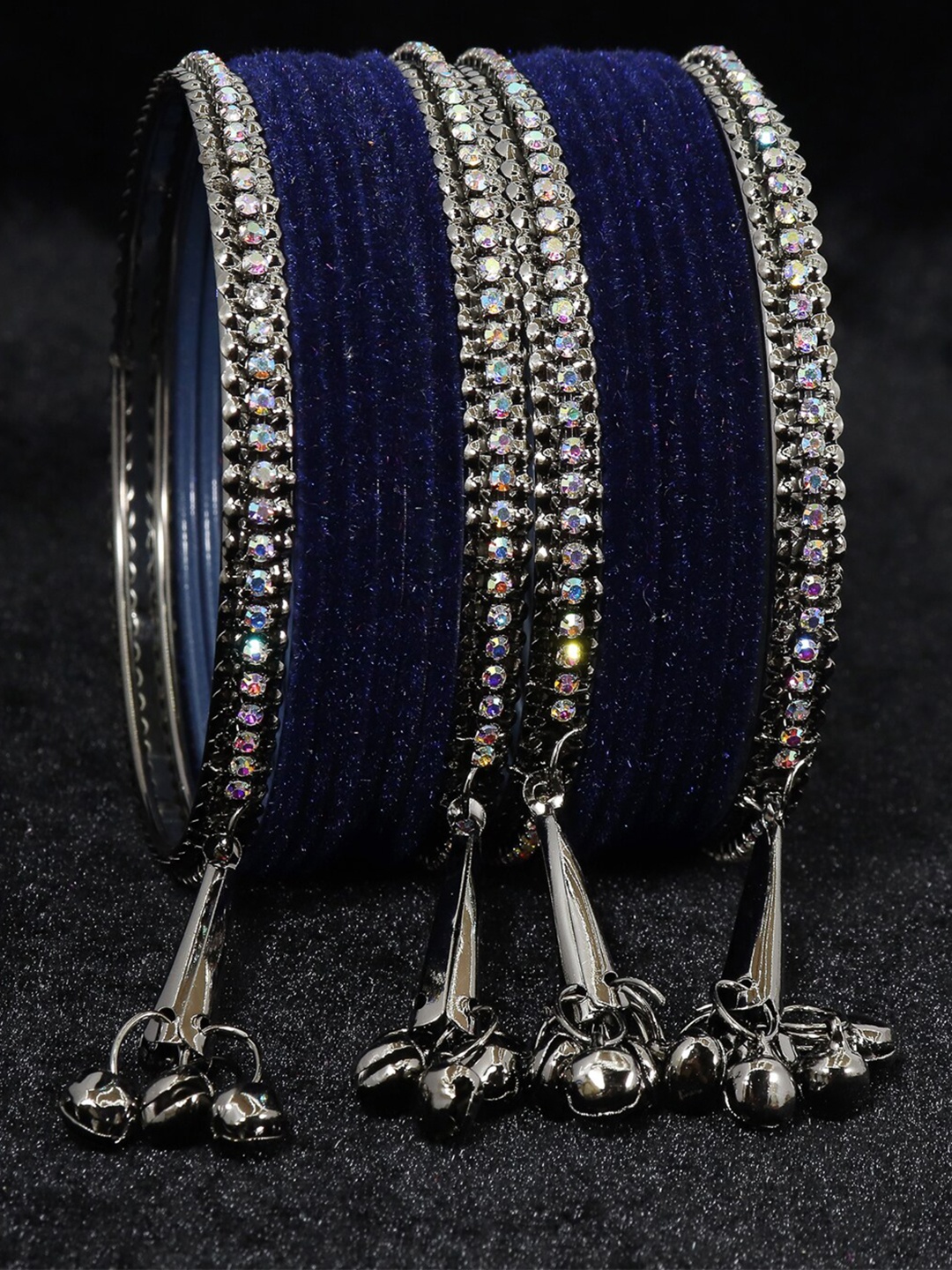 

NMII Set Of 16 Silver-Plated Zircon Gemstone Studded & Velvet Bangles