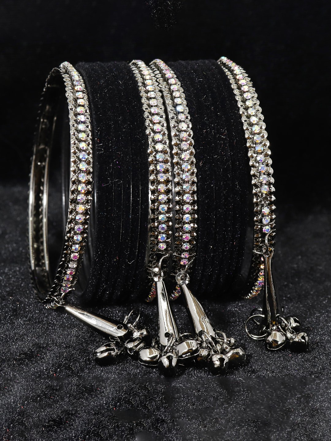 

NMII Set Of 16 Silver-Plated Zircon Gemstone Studded & Velvet Bangles
