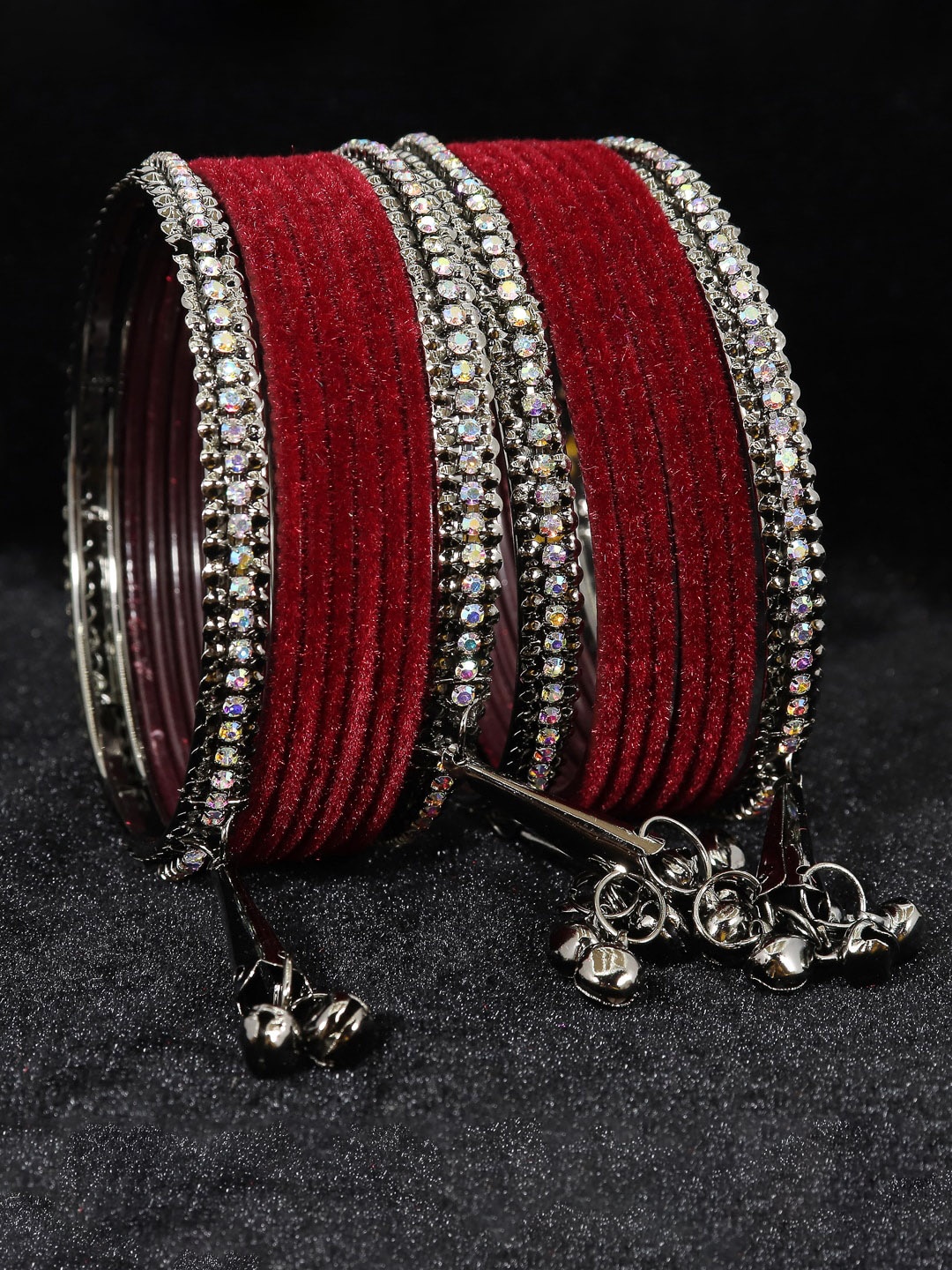 

NMII Set Of 16 Silver-Plated Zircon Gemstone Studded & Velvet Bangles