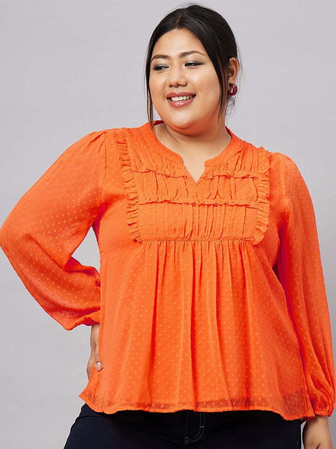 

Antheaa Curve Plus Size Round Neck Puff Sleeves Top, Orange