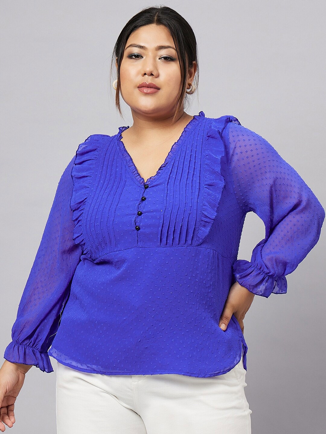 

Antheaa Curve Plus Size Cuff Sleeve Chiffon Top, Blue