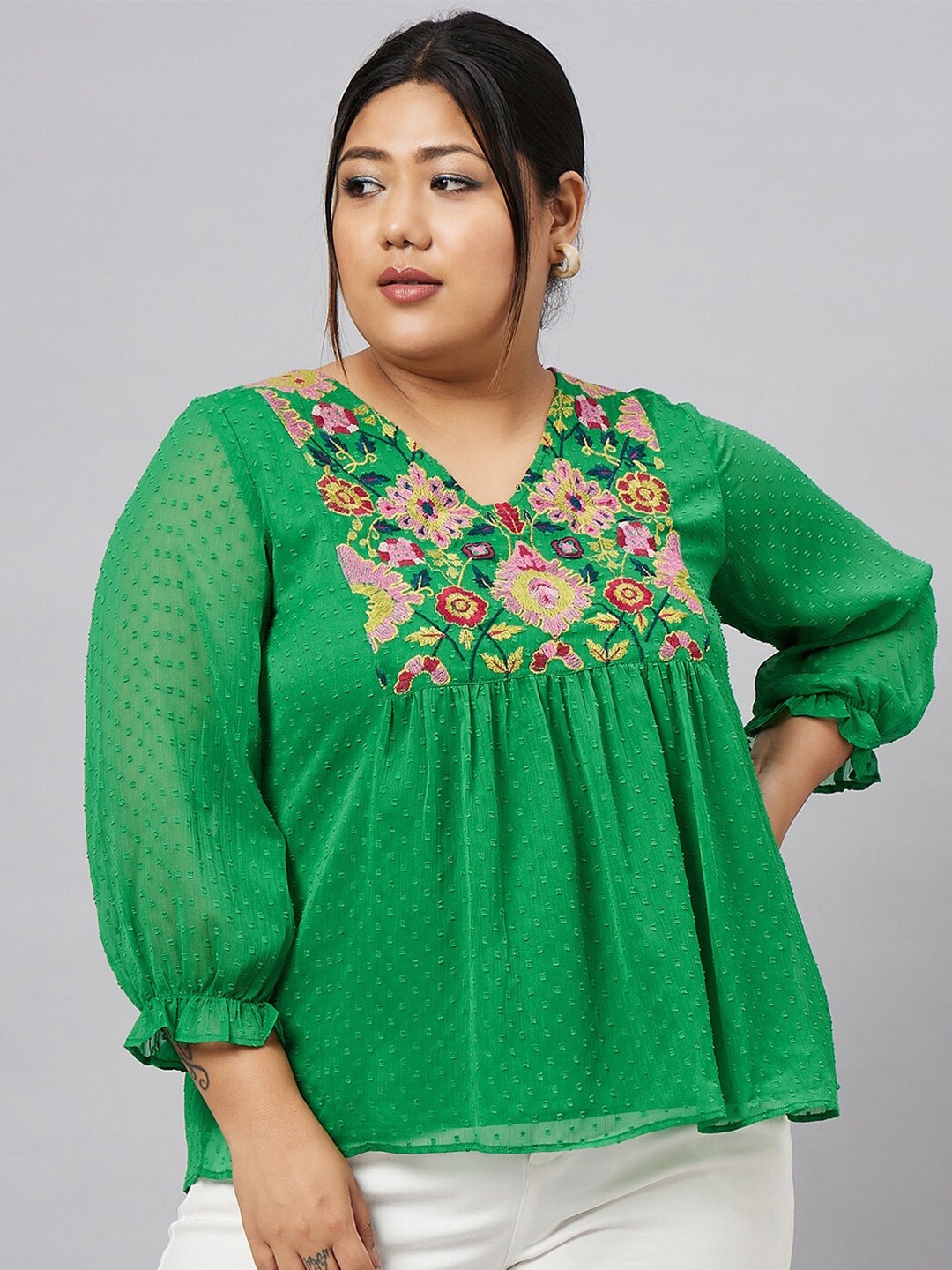 

Antheaa Curve Plus Size Self Design Puff Sleeves A-Line Top, Green