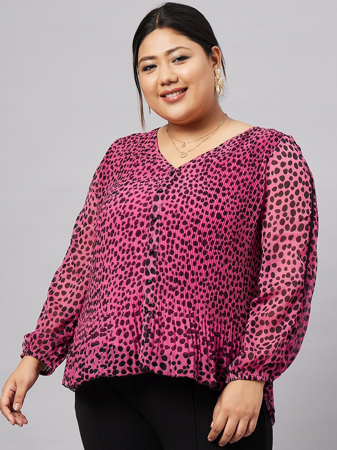 

Antheaa Curve Plus Size Polka Dots Printed Puff Sleeves Top, Pink