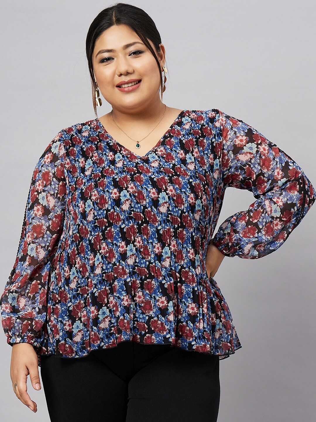 

Antheaa Curve Plus Size Floral Printed Puff Sleeves Top, Black