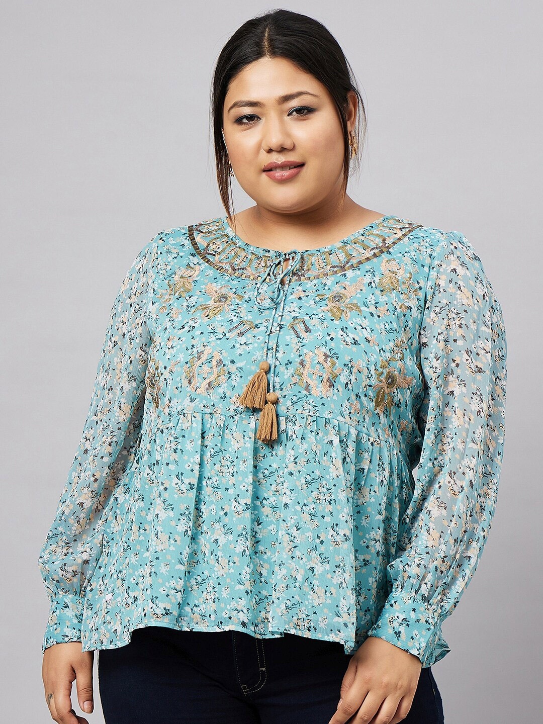 

Antheaa Curve Plus Size Floral Printed Tie-Up Neck Empire Top, Blue