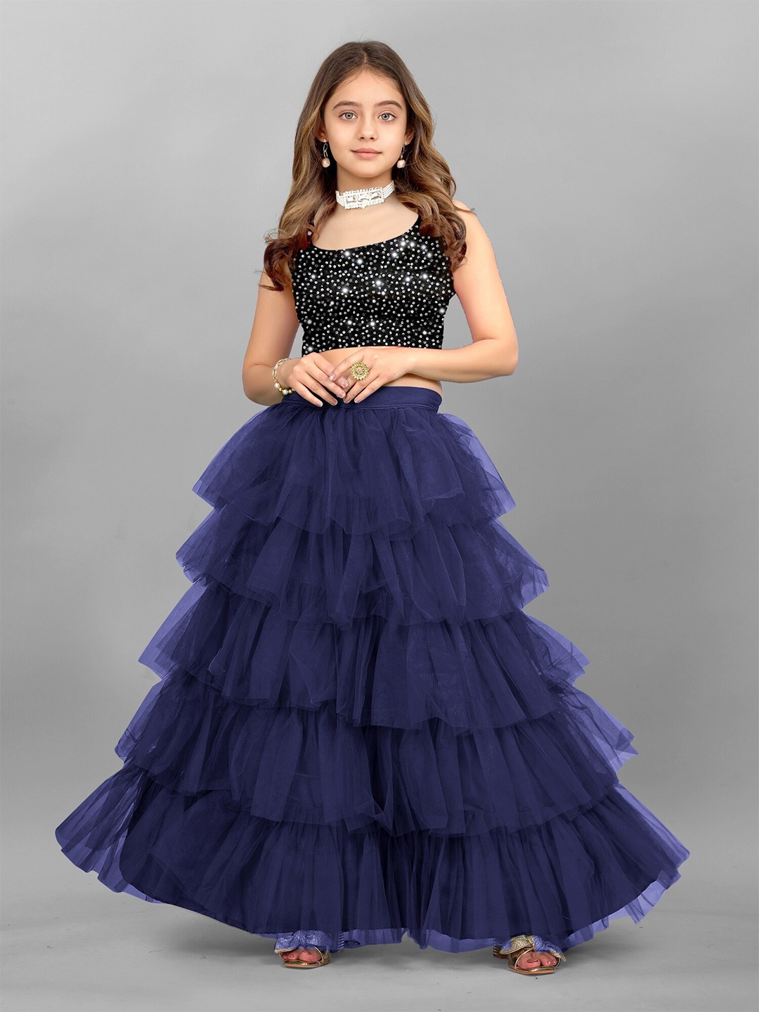 

APNISHA Girls Navy Blue & Black Sequinned Semi-Stitched Lehenga & Unstitched