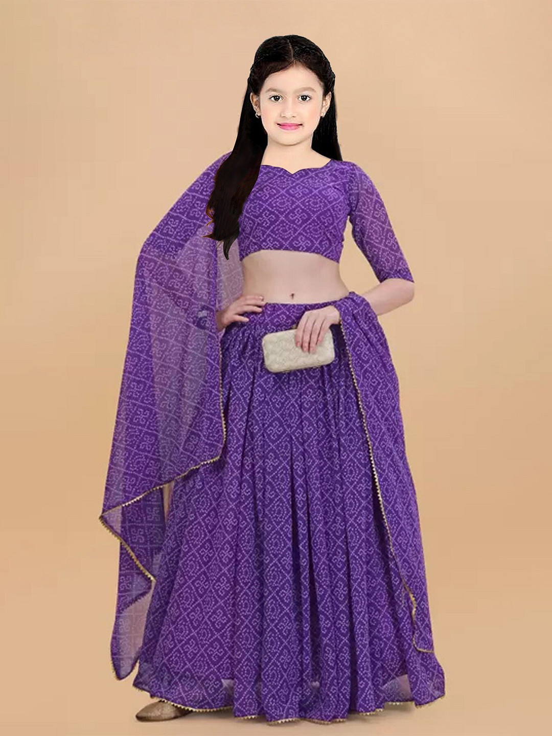 

APNISHA Girls Banhdani Printed Semi-Stitched Lehenga & Unstitched Blouse With Dupatta, Purple