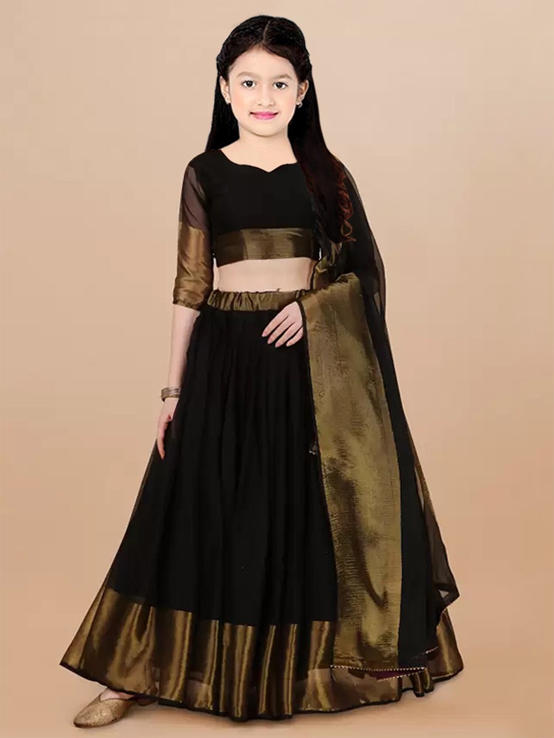 

APNISHA Girls Chiffon Semi-Stitched Lehenga & Unstitched Blouse With Dupatta, Black