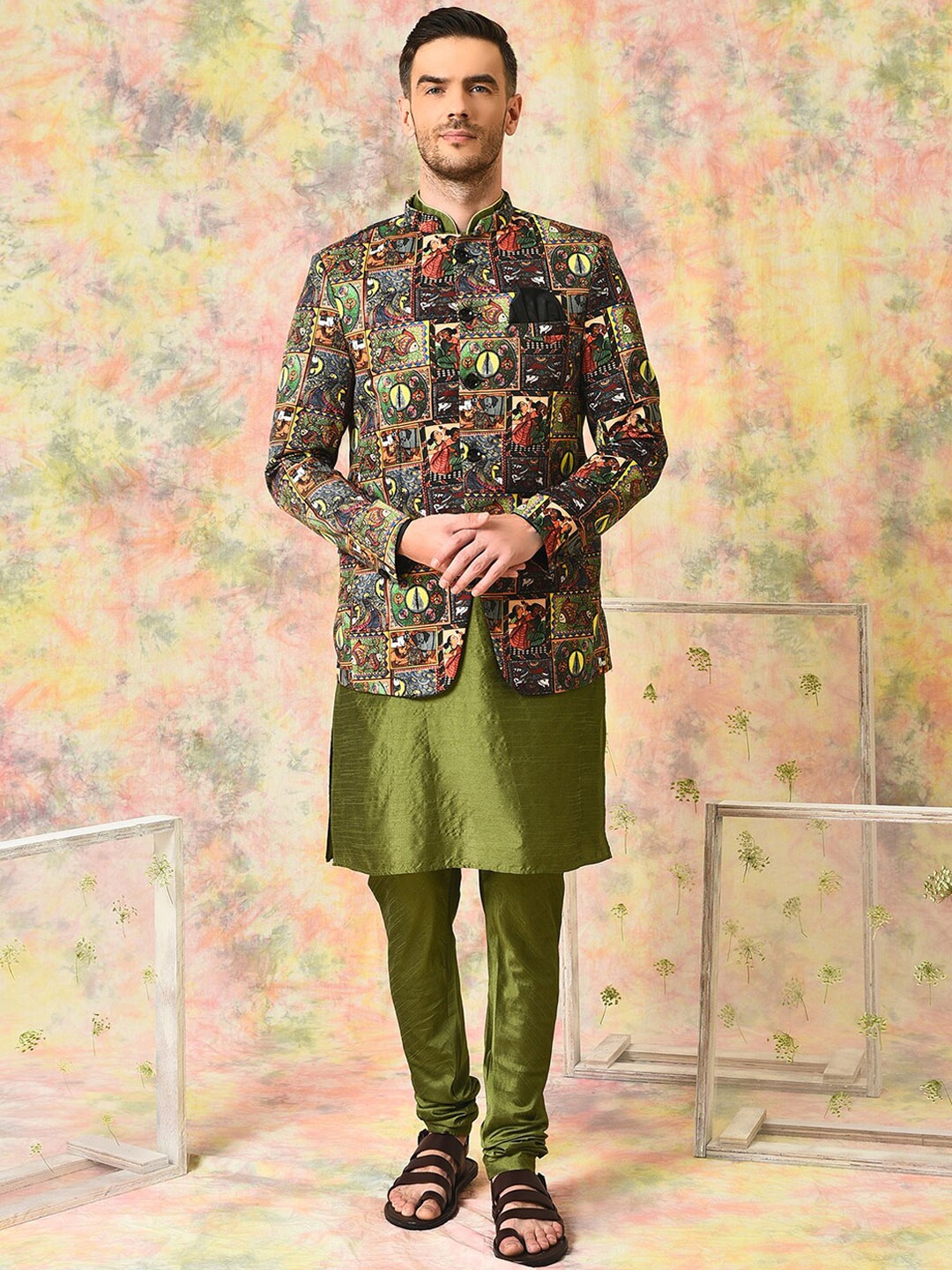

Hangup Mandarin collar Regular Kurta with Pyjamas & Jacket, Olive