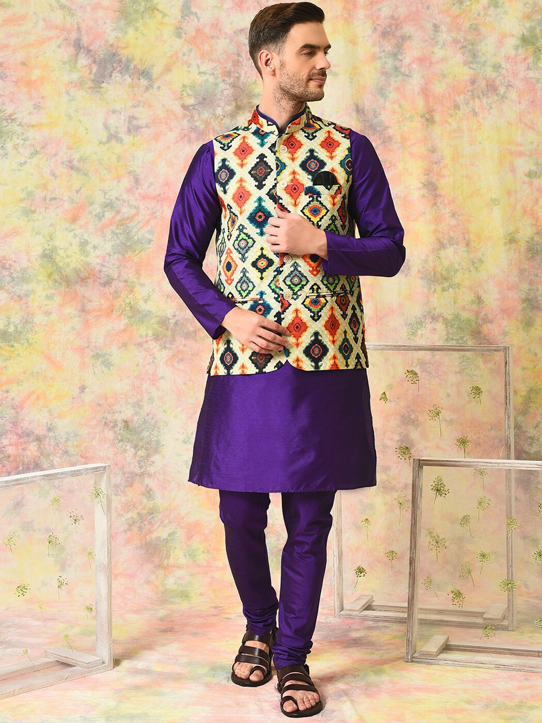 

Hangup Mandarin Collar Straight Kurta and Dhoti Pants with Nehru Jacket, Purple