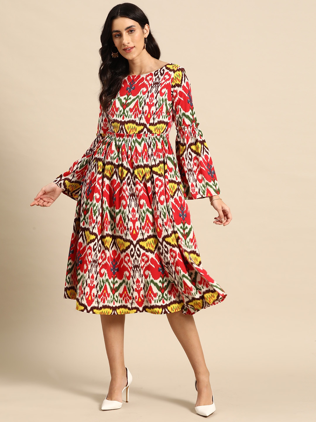 

MABISH by Sonal Jain Abstract Printed Gathered Detail Midi Fit & Flare Waisted Dress, Multi