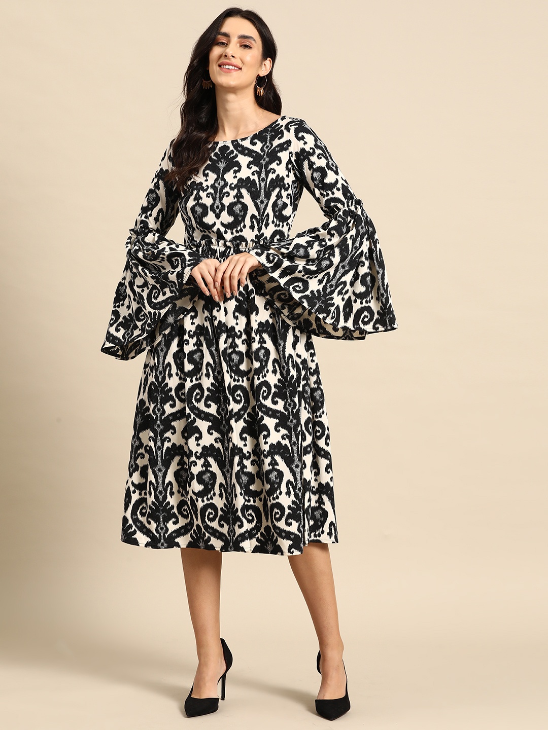 

MABISH by Sonal Jain Ethnic Motifs Printed Gathered Detail Midi Fit & Flare Waisted Dress, White