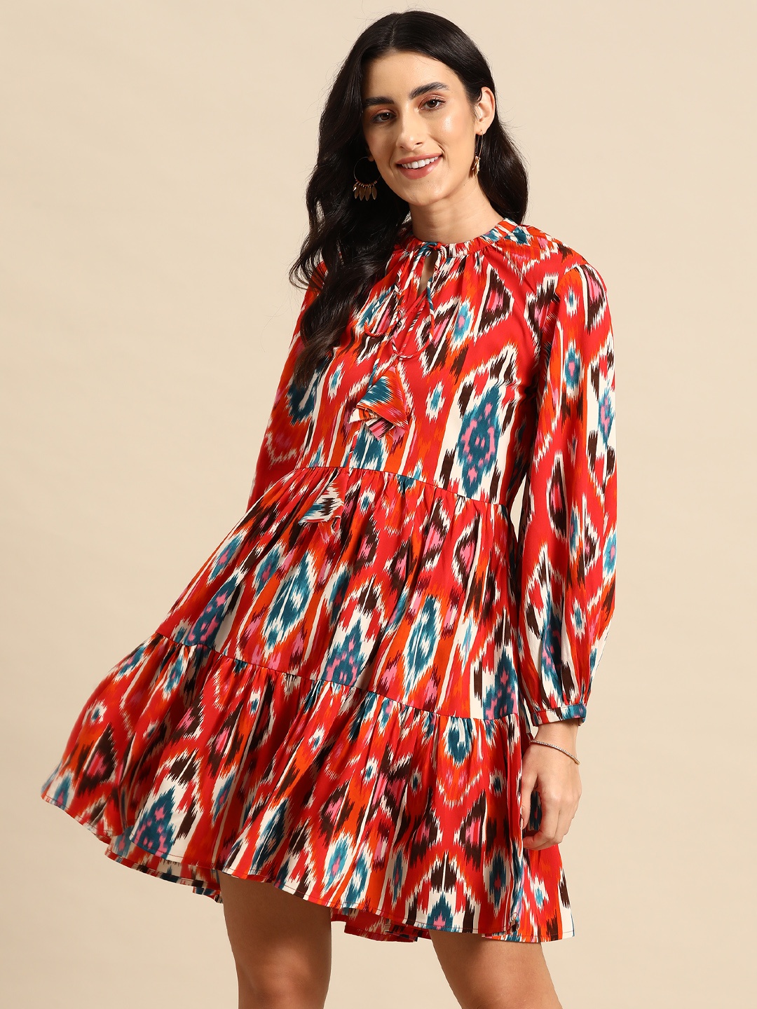 

MABISH by Sonal Jain Abstract Printed Gathered Detail Tiered Mini A-Line Waisted Dress, Red