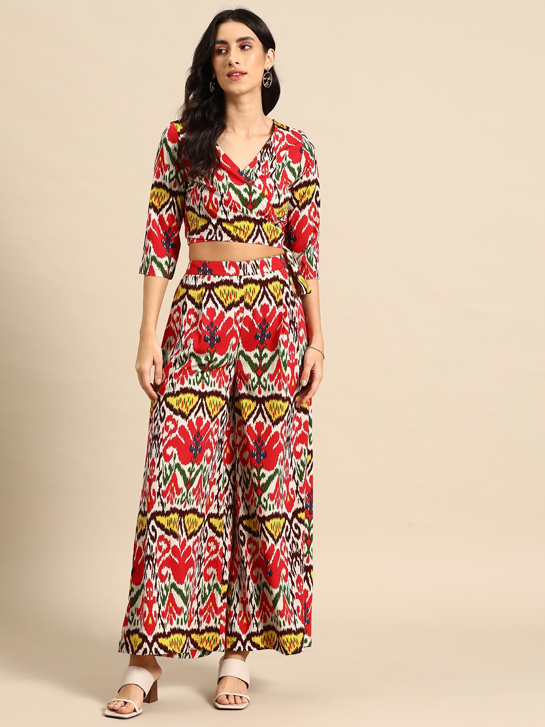 

MABISH by Sonal Jain Women Printed Warp Crop Top with Palazzos, Multi