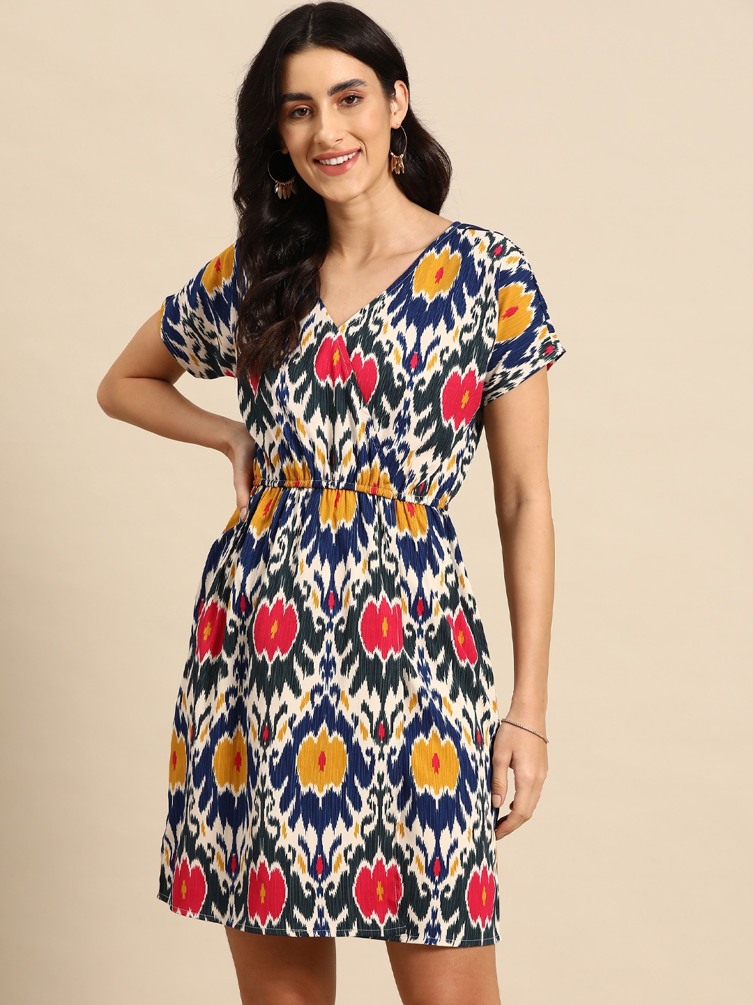 

MABISH by Sonal Jain Abstract Printed Gathered Detail Mini Wrap Waisted Dress, Multi