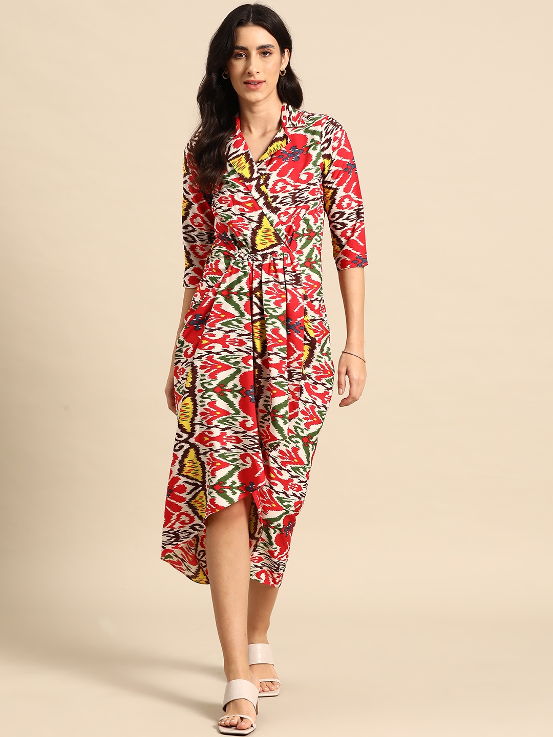

MABISH by Sonal Jain Ethnic Motifs Printed Gathered Detail Wrap Midi Dress, Multi