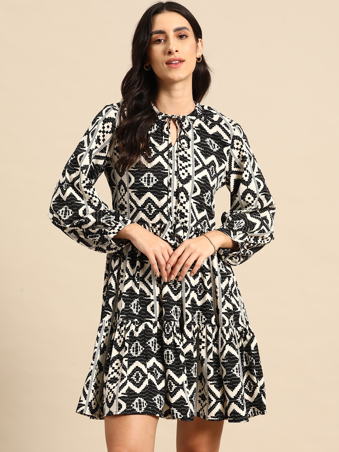 

MABISH by Sonal Jain Ethnic Motifs Printed Gathered Detail A-Line Mini Dress, Black