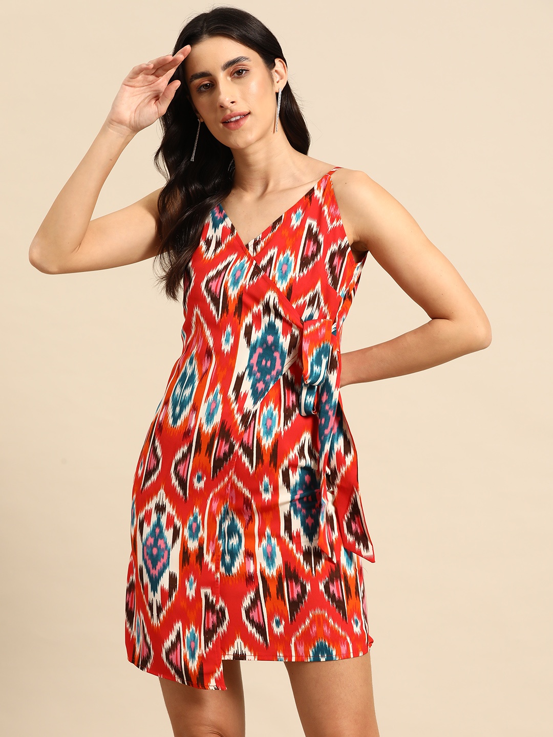 

MABISH by Sonal Jain Ethnic Motifs Printed Belted Detail Mini Wrap Dress, Multi