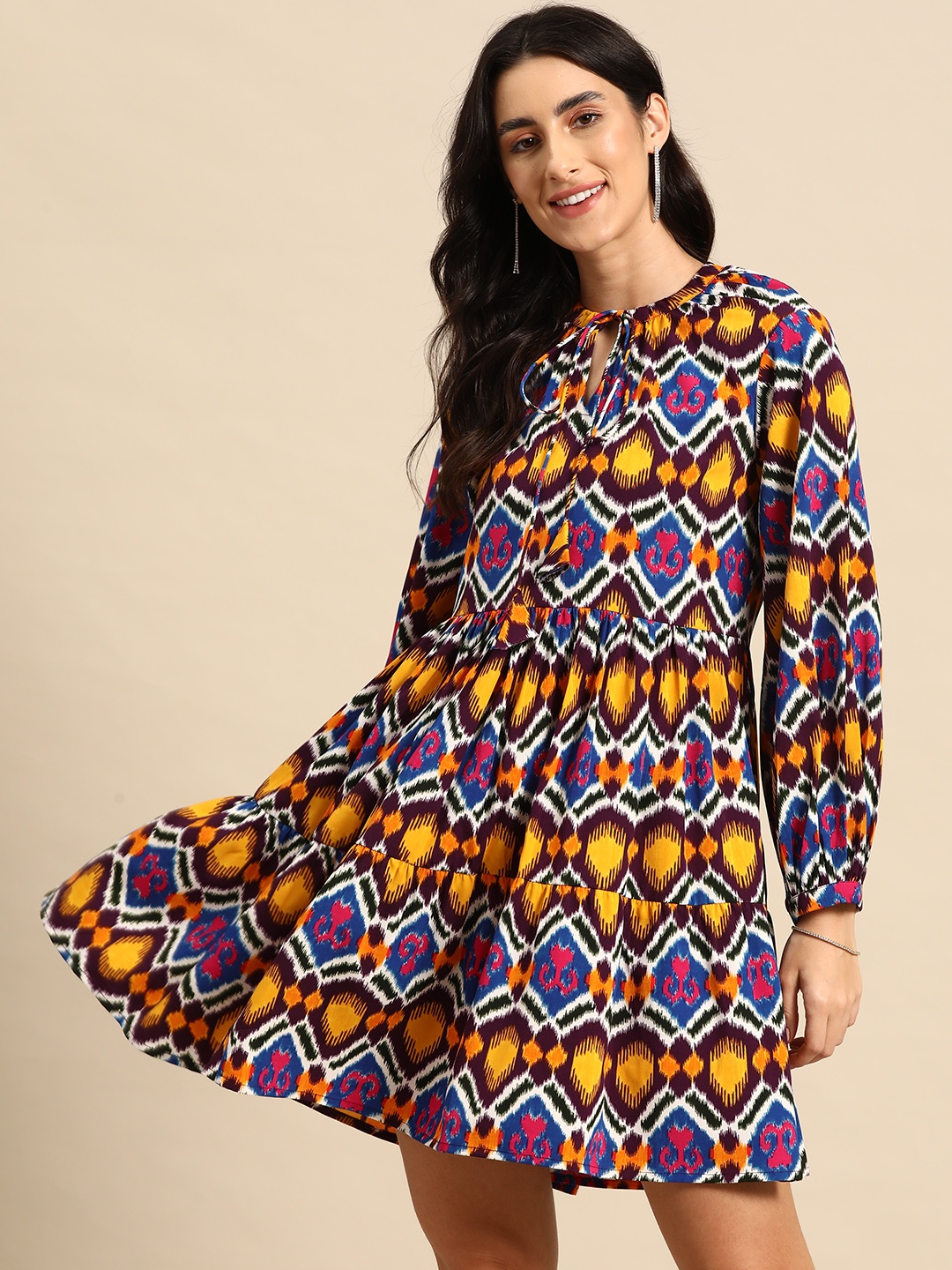 

MABISH by Sonal Jain Ethnic Motifs Printed Gathered Detail Tiered A-Line Mini Dress, Multi