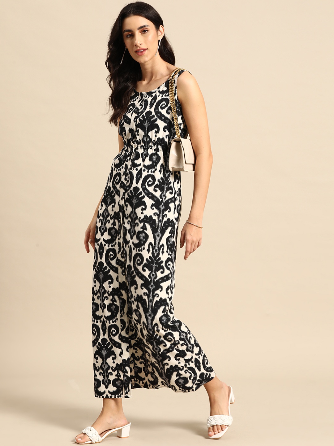 

MABISH by Sonal Jain Ethnic Motifs Printed Gathered Detail Maxi A-Line Waisted Dress, White