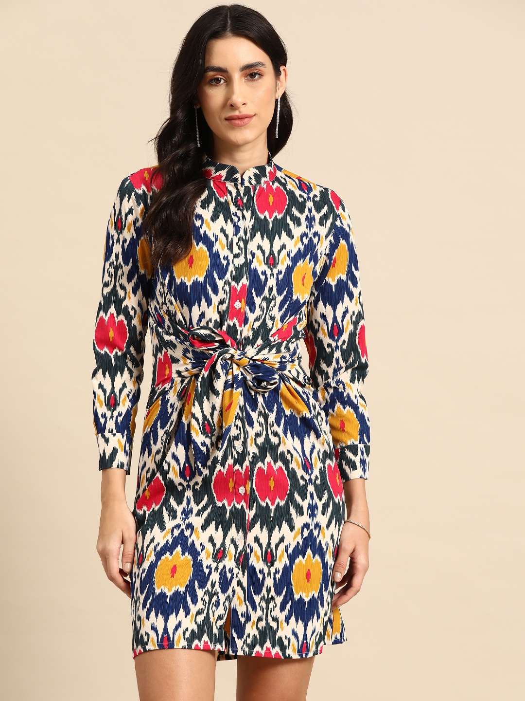 

MABISH by Sonal Jain Ethnic Motifs Print Belted Detail Mini Sheath Dress, Multi