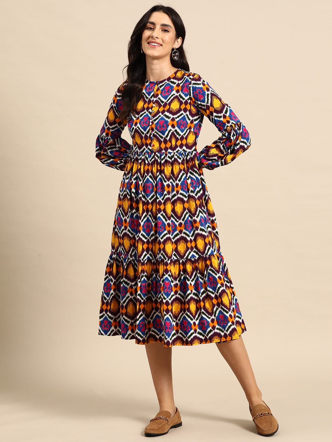 

MABISH by Sonal Jain Ethnic Motifs Print Gathered Detail Empire Style A-Line Midi Dress, Multi