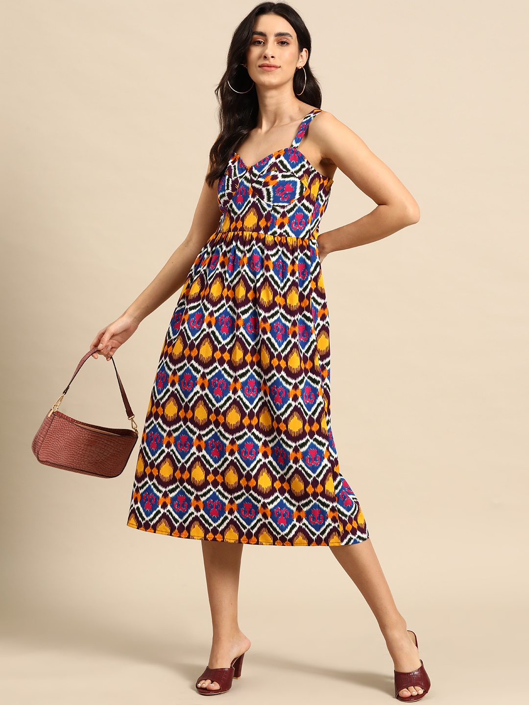 

MABISH by Sonal Jain Ethnic Motifs Printed Gathered Detail Empire Style A-Line Midi Dress, Multi