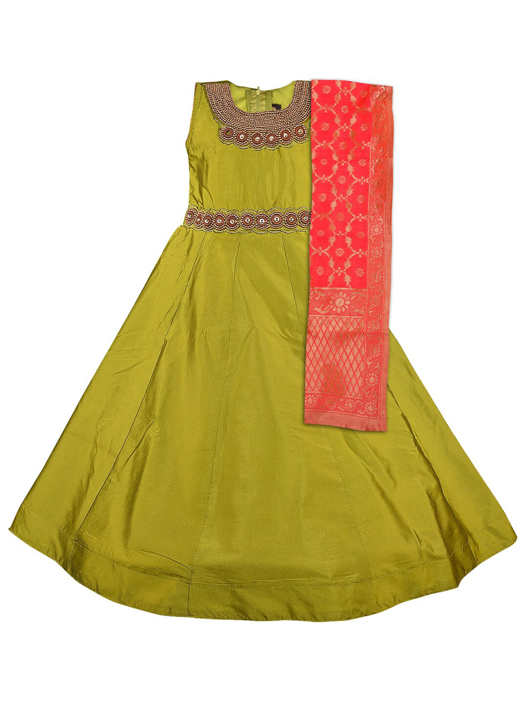 

Wish Karo Girls Embellished Satin Maxi Ethnic Dress With Dupatta, Green