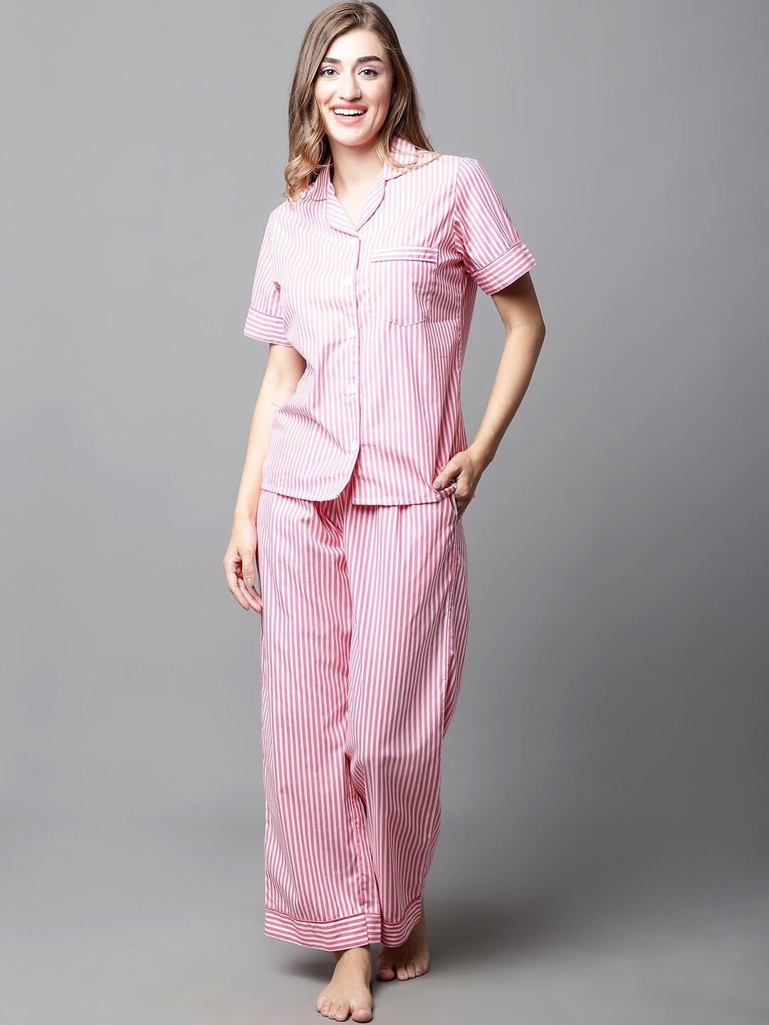 

Secret Wish Lapel Collar Striped Pure Cotton Night Suit, Pink
