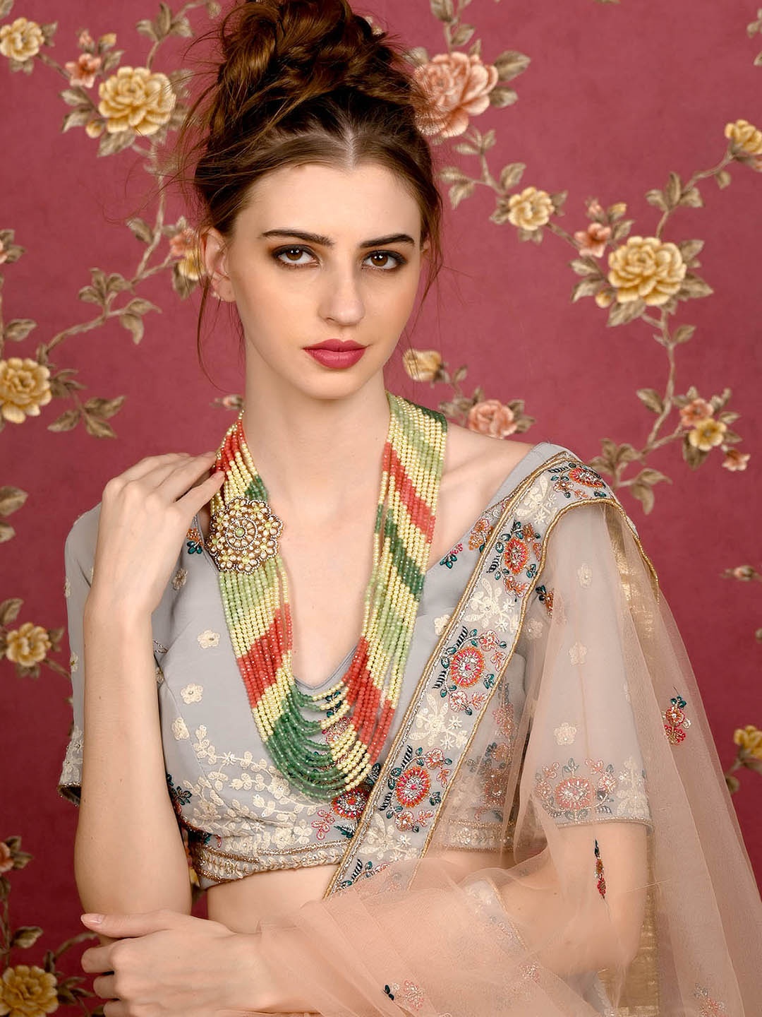 

ODETTE Gold-Plated Stone Studded & Beaded Layered Necklace Jewellery Set
