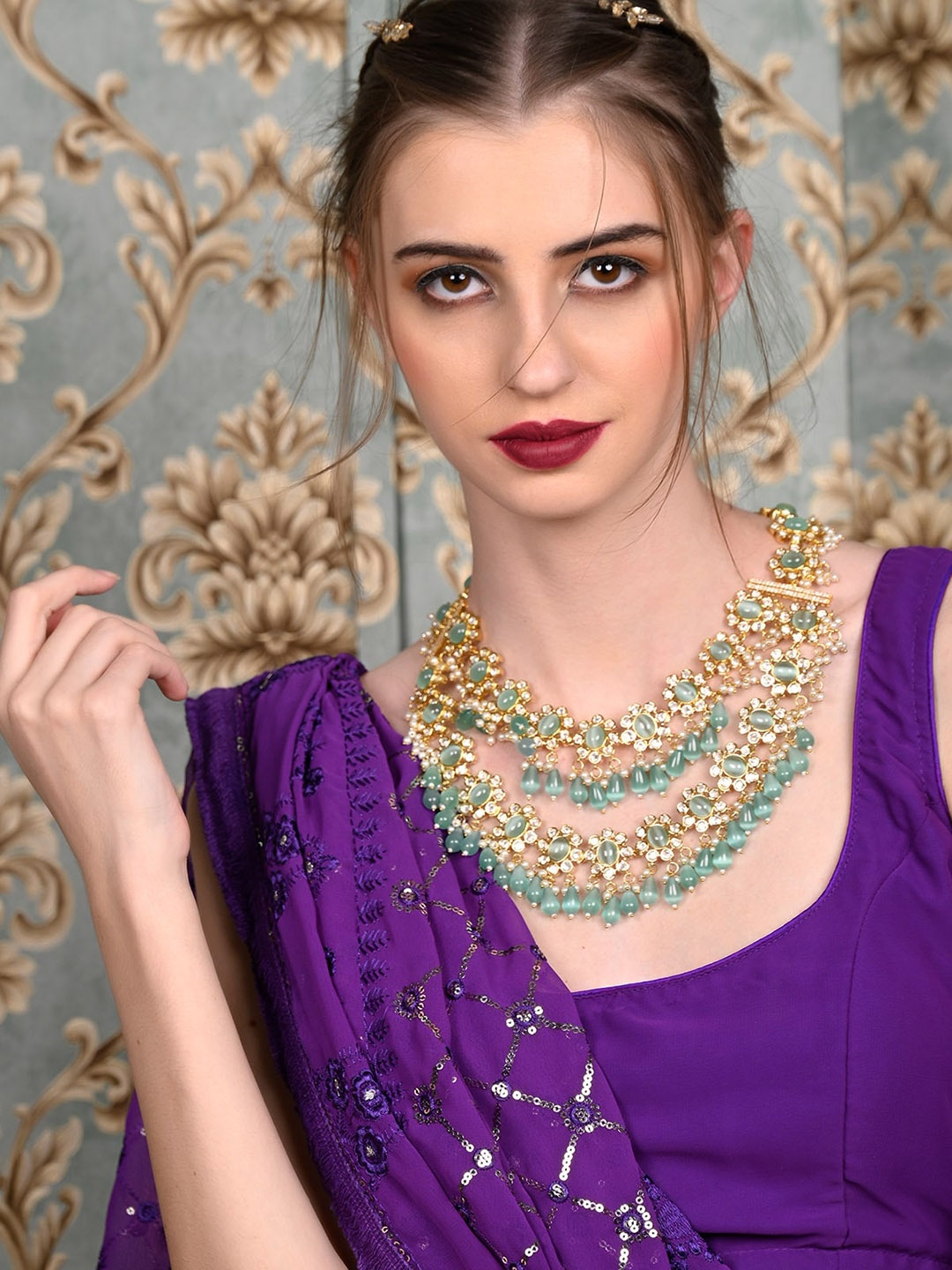 

ODETTE Gold-Plated Stone Studded & Beaded Layered Choker Necklace Jewellery Set