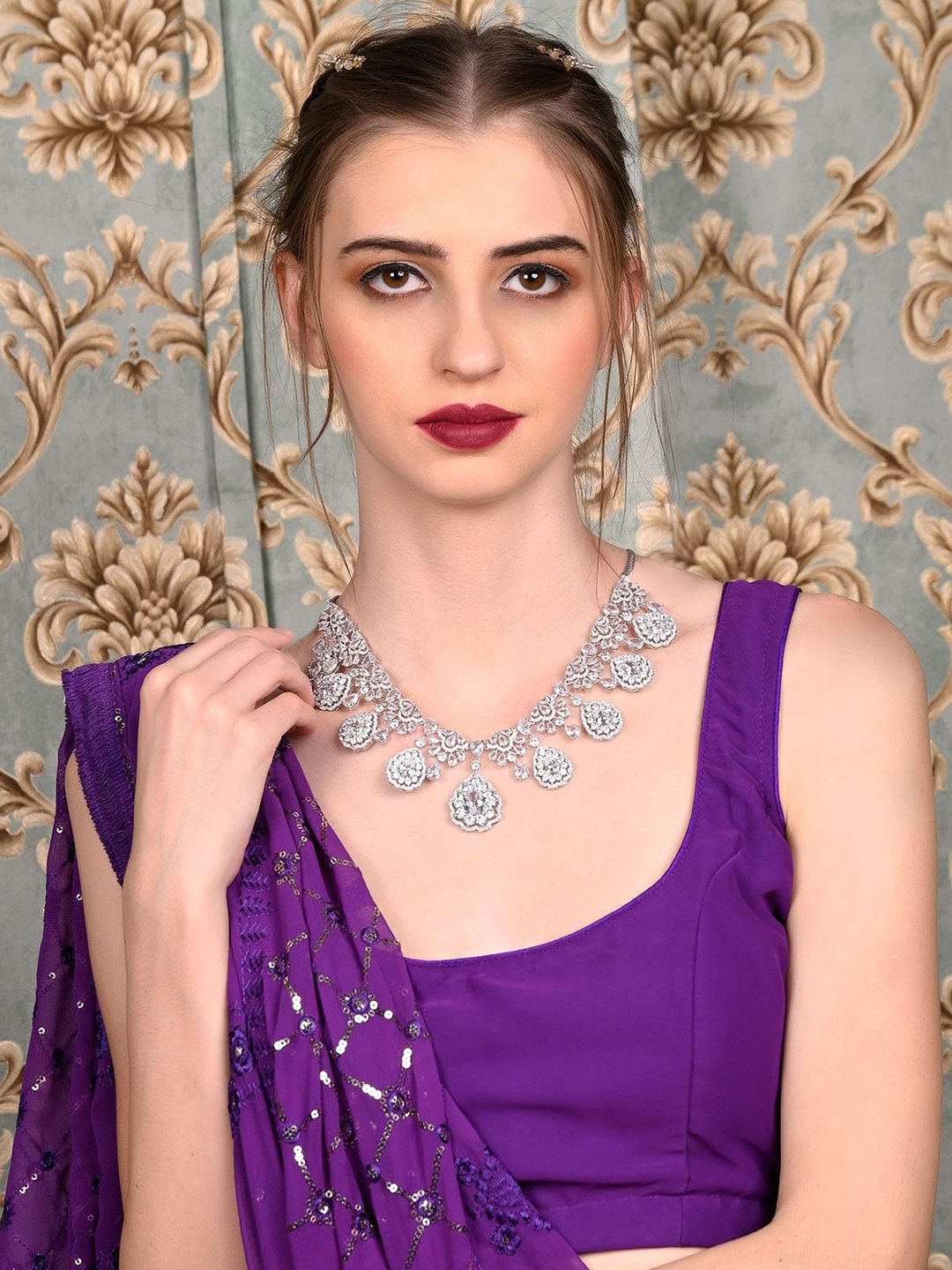 

ODETTE Silver-Plated Stone Studded Jewellery Set